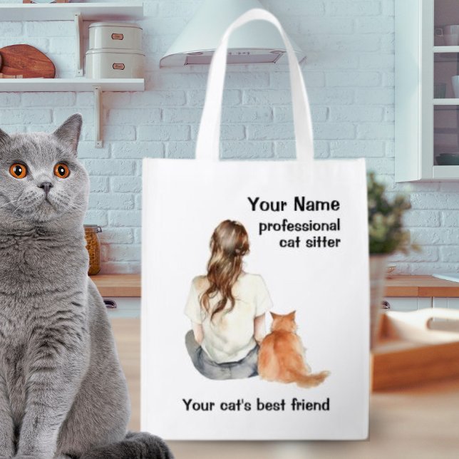 Cat Sitter Girl with Cat Watercolor Grocery Bag (Be a walking billboard for your cat sitting business with this ‘lady and cat’ watercolor grocery bag)