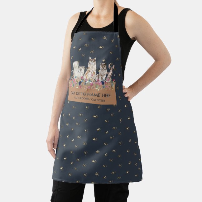 Cat Sitter Spa Salon Navy Gold Paws Apron
