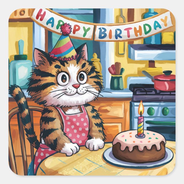 Cat sitting at table in front of cake square sticker (Front)