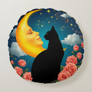 Cat Sitting Before Moon With Roses And Starry Sky Round Pillow