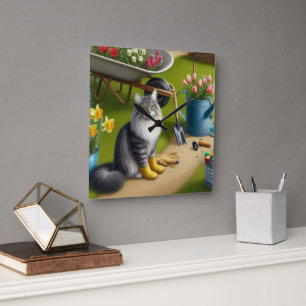 Cat Sitting in Garden / Garden Lover Square Wall Clock