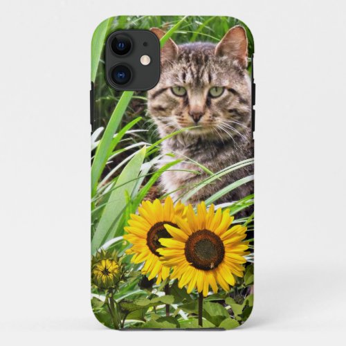  Cat Sitting in Garden with Sunflowers  iPhone 11 Case