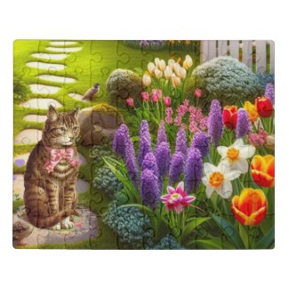 Cat Sitting in Spring Flower Garden 