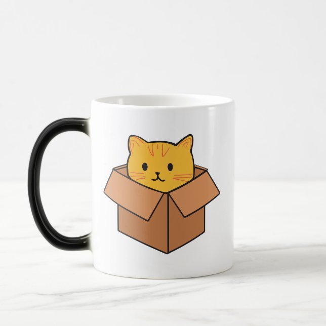 Cat sitting inside cardboard box color morph mug  (Left)