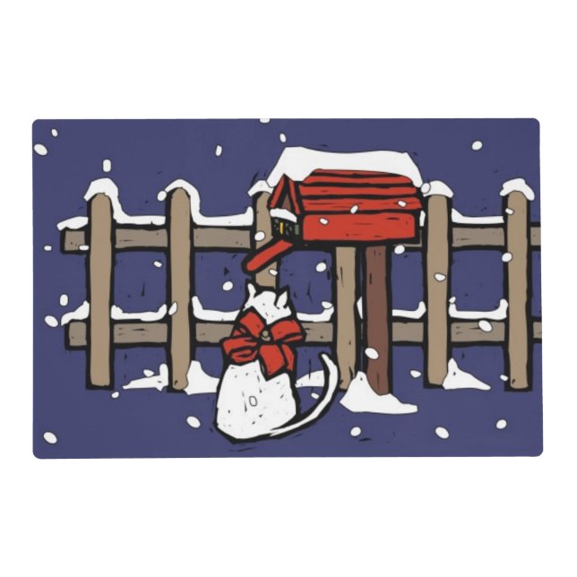 Cat sitting near a mailbox in snowfall placemat (Front)