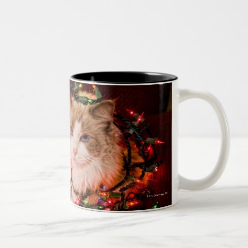 Cat sitting on a ball of Christmas lights Two_Tone Coffee Mug