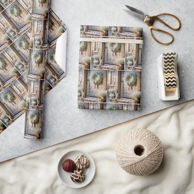 Cat Sitting On a Farmhouse Porch Step Wrapping Paper (Crafts)