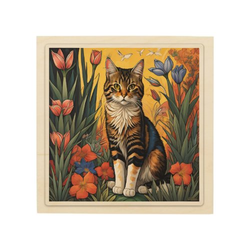 cat sitting on a spring background among roses 2 wood wall art