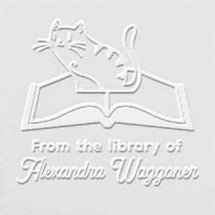 Cat Sitting on Book #5 “From the library of” Name Embosser