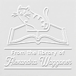 Cat Sitting on Book #5L “From the library of” Name Embosser