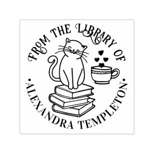 Cat Sitting on Books #3, Coffee Mug Library Name Self-inking Stamp