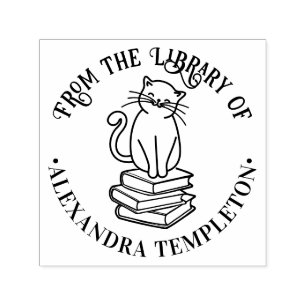 Cat Sitting on Books #3 “From the Library of” Name Self-inking Stamp