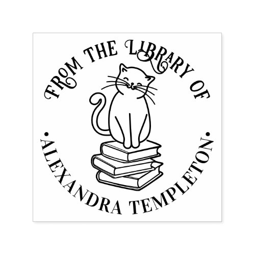 Cat Sitting on Books 3 âœFrom the Library ofâ Name Self_inking Stamp