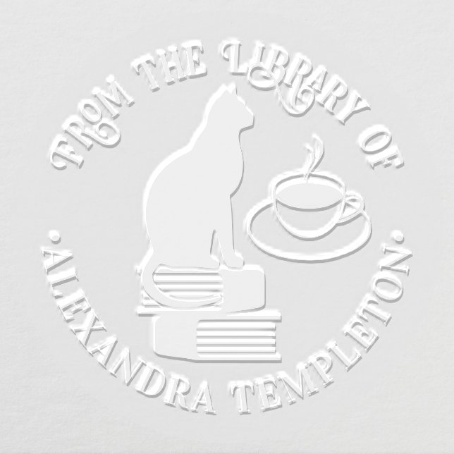 Cat Sitting on Books, Coffee Library Book Name Embosser (Design)
