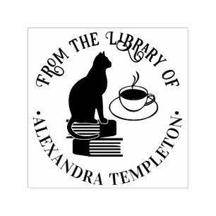 Cat Sitting on Books, Coffee Library Book Name Self-inking Stamp