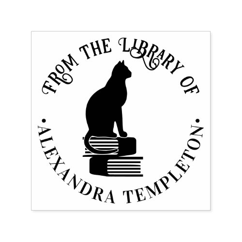Cat Sitting on Books âœFrom the Library ofâ Name Self_inking Stamp