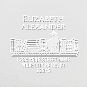 Cat Sitting on Bookshelf #1 Name Return Address Embosser