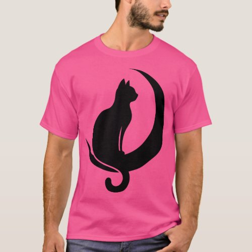 Cat Sitting on Crescent Moon T_Shirt