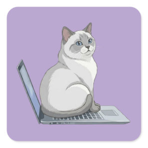 Cat Sitting on Laptop Keyboard Cute Working Cat Square Sticker