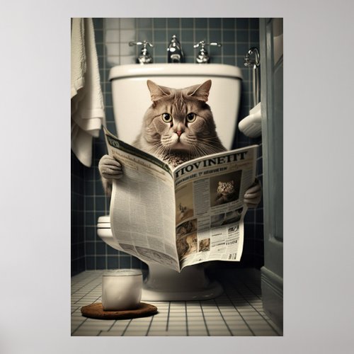 Cat Sitting on the Toilet Reading a Newspaper Poster