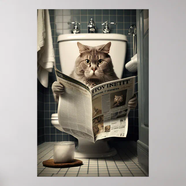 Cat Sitting on the Toilet Reading a Newspaper Poster | Zazzle