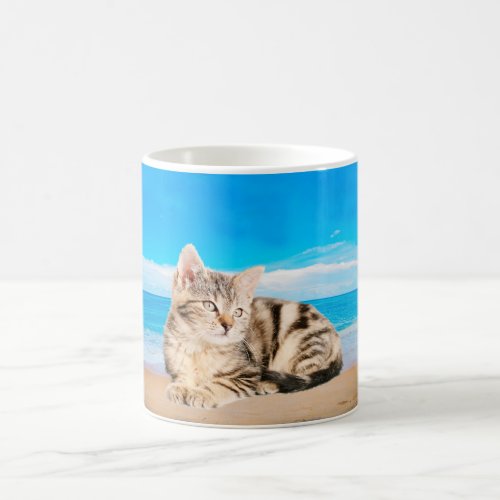 Cat Sitting on Tropical Island Beach Coffee Mug