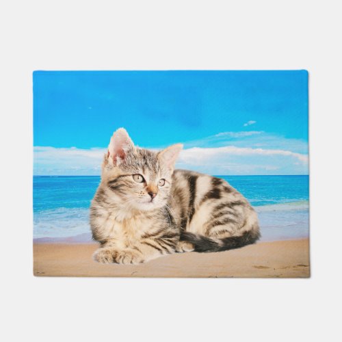 Cat Sitting on Tropical Island Beach Doormat