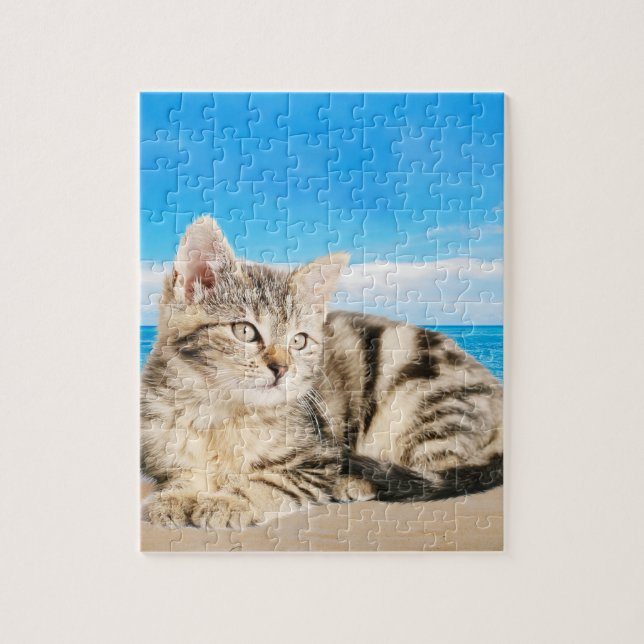Cat Sitting on Tropical Island Beach Jigsaw Puzzle (Vertical)