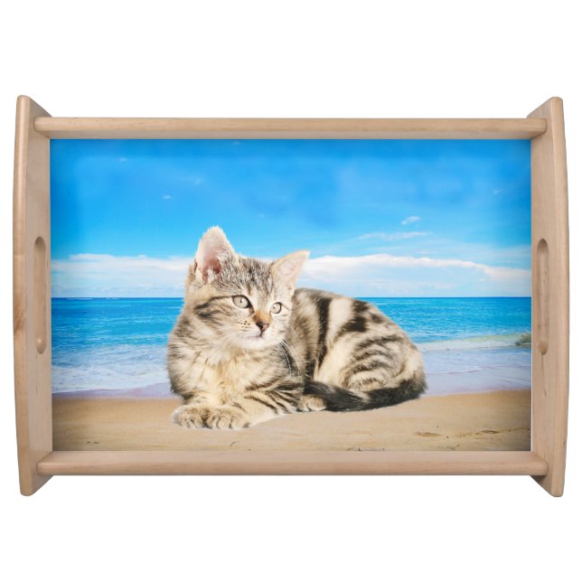 Cat Sitting on Tropical Island Beach Serving Tray (Front)