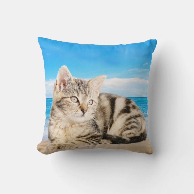 Cat Sitting on Tropical Island Beach Throw Pillow (Front)