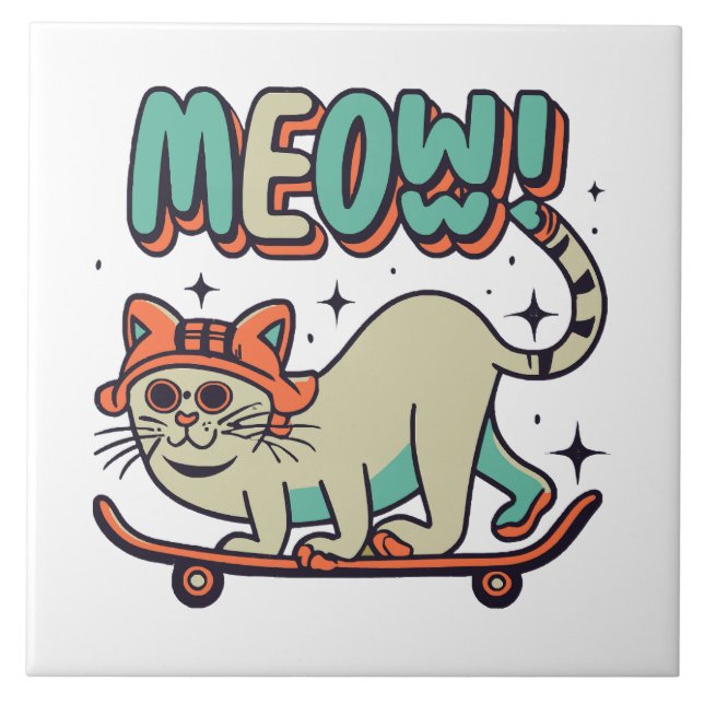 Cat Skating Meow Ceramic Tile (Front)