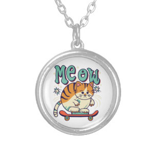 Cat Skating Meow Silver Plated Necklace