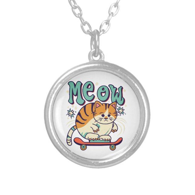 Cat Skating Meow Silver Plated Necklace (Front)