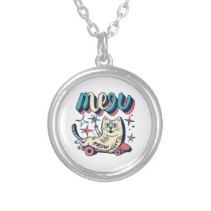 Cat Skating Meow Silver Plated Necklace