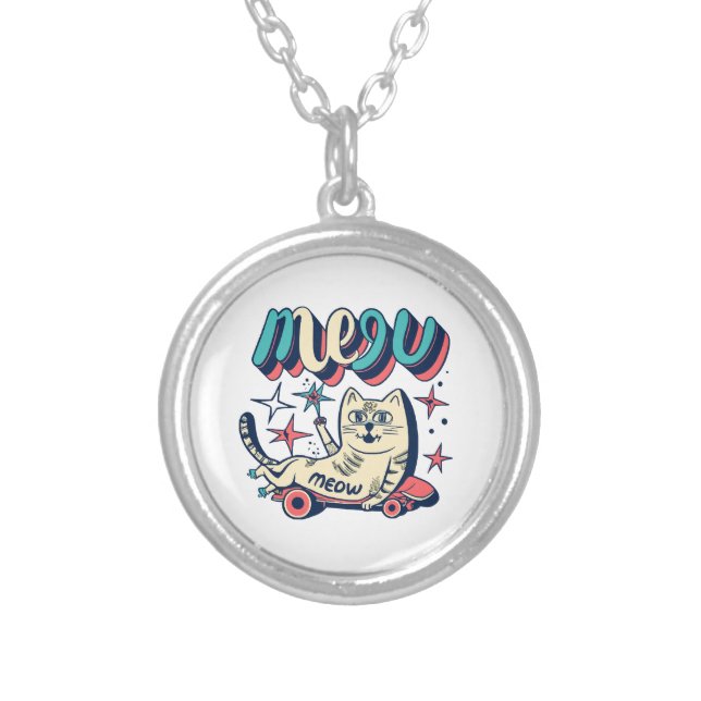 Cat Skating Meow Silver Plated Necklace (Front)