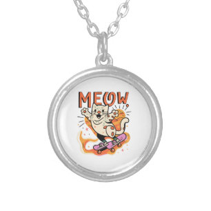 Cat Skating Meow Silver Plated Necklace