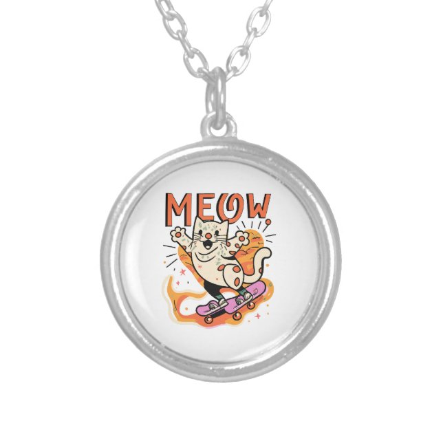 Cat Skating Meow Silver Plated Necklace (Front)