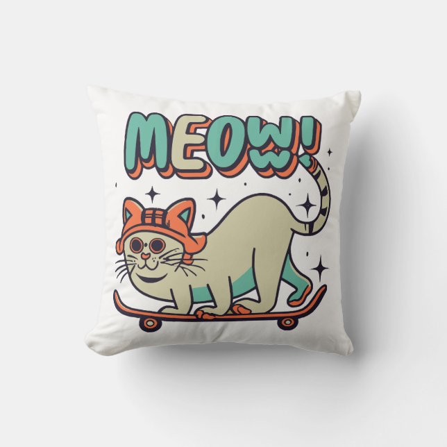 Cat Skating Meow Throw Pillow (Front)