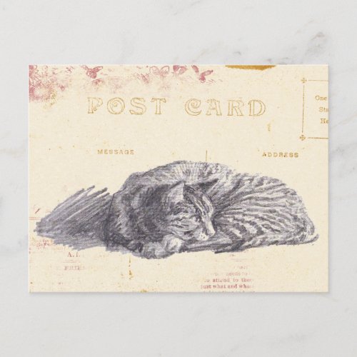 Cat Sketch Gold and Pink Vintage Postcard