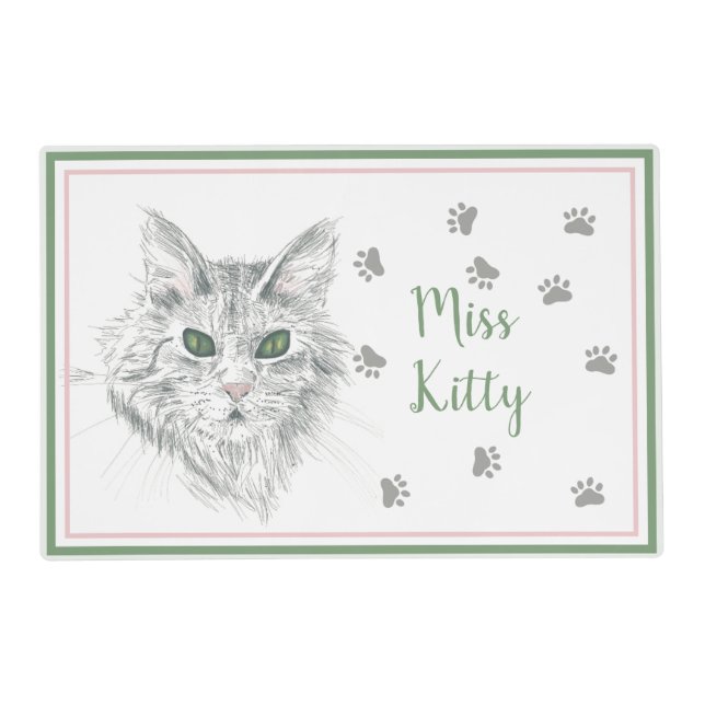 Cat Sketch With Paw Prints to Personalize Placemat (Front)