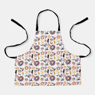 Cat, Skull, Bats & Flower Halloween Pattern White Apron