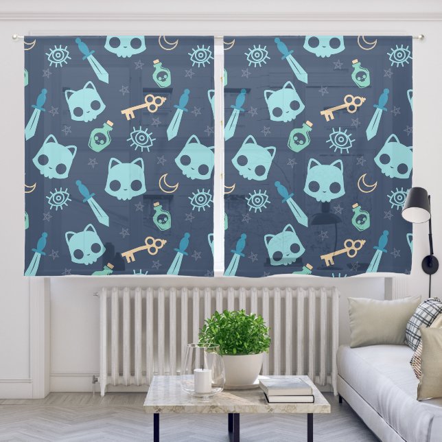 Cat Skull Dark Blue Skulls  Sheer Curtains (Living Room)