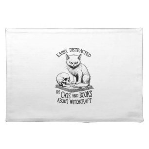 Cat Skull Halloween Easily Distracted Funny Book L Cloth Placemat