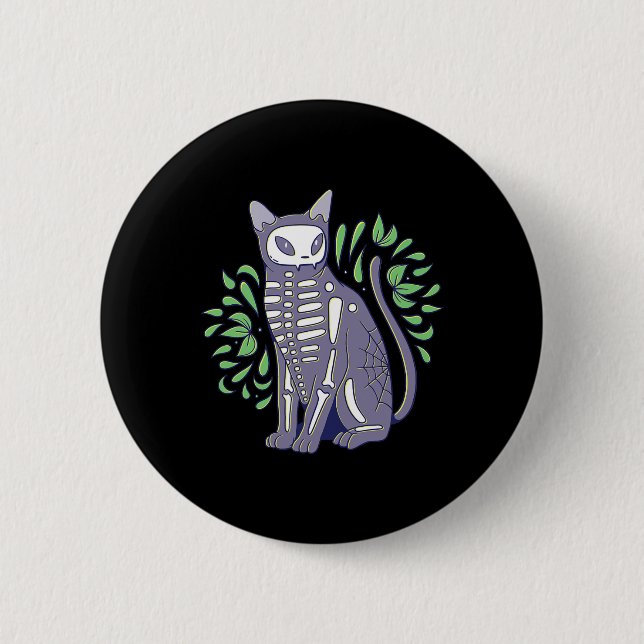 Cat Skull Shirt - Kitty Skeleton Halloween Costume Button (Front)