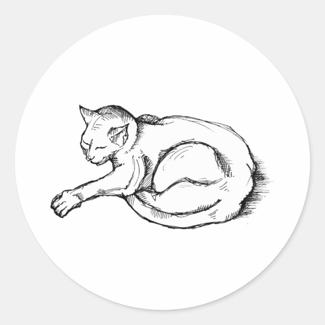 Cat Sleeping Illustration Pen Drawing Art Classic Round Sticker (Front)