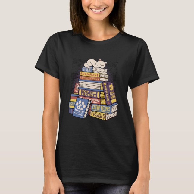Cat Sleeping In A Stack Of Books Library Cute Book T-Shirt (Front)