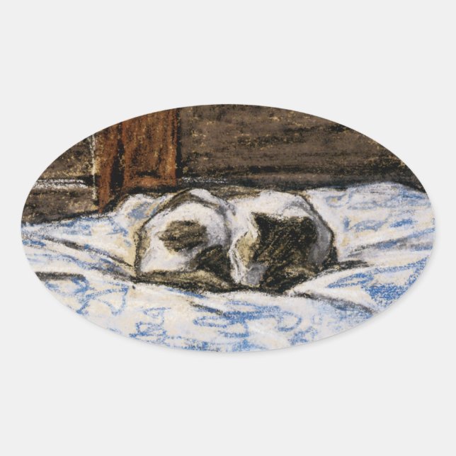 Cat Sleeping on a Bed Oval Sticker (Front)