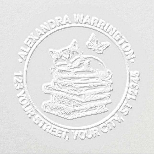 Cat Sleeping on Books, Butterfly Name Address Embosser (Design)