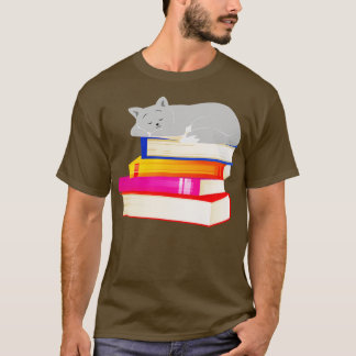 Cat sleeping on Books Reading Cat Lover T-Shirt