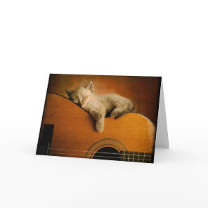 Cat sleeping on guitar card